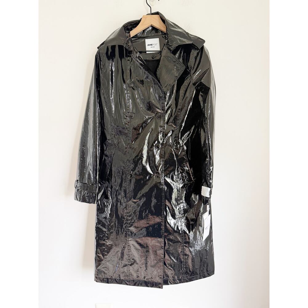 NWT Jane Post Military Trench Black Double Breasted Raincoat High Shine Black M